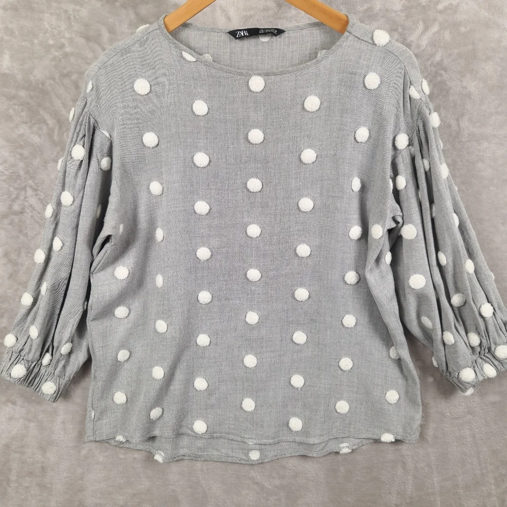 Zara Blouse Top Women's Size S Gray Pompom Details 7/8 Sleeves Office Casual - Picture 2 of 8